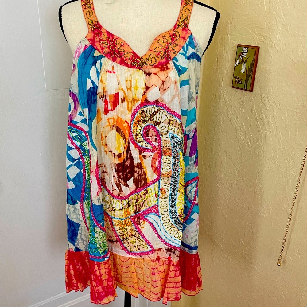 NWT Chaudry Boho TieDyed Embroidered‎ SunFun Dress w/Ruffle Hem Size S oversized